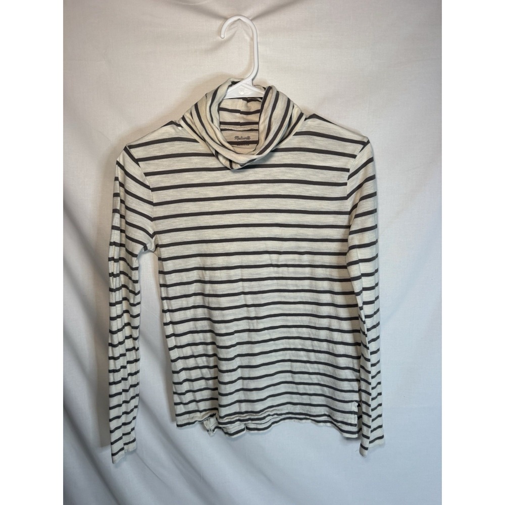 Madewell Turtleneck Top Womens XS Ivory Gray Stripe 100% Cotton Long Sleeve